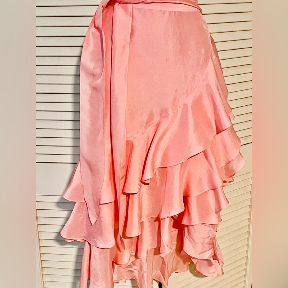 Ralph Lauren 3 tier ruffled silk skirt side zip asymmetrical hem self tie @waist - Picture 3 of 5